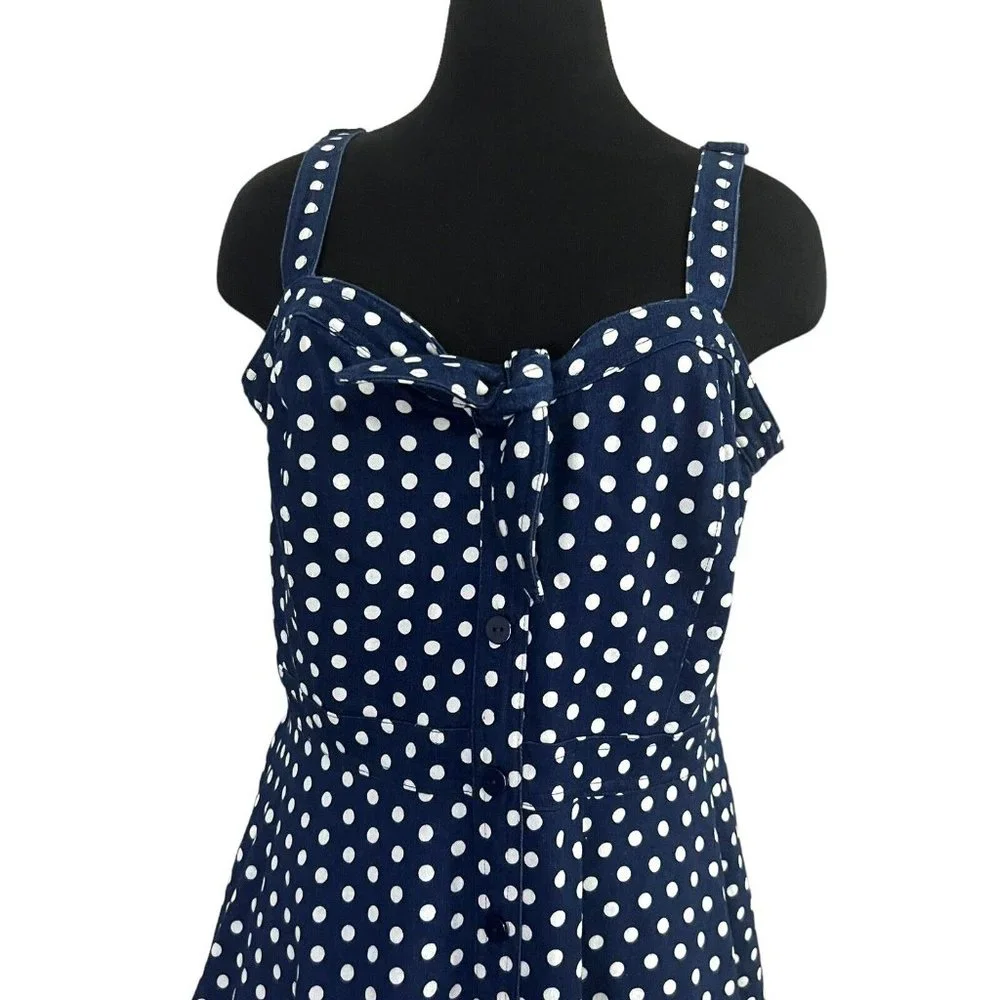 City Chic Polkadot Navy Denim Button A-line Dress Sleeveless Plus Size Small 16 - Picture 2 of 7